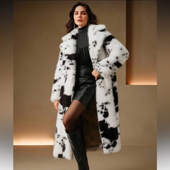 Jackets & Blazers - Luxury faux fur long jacket cow print western luxe glam coat white brown